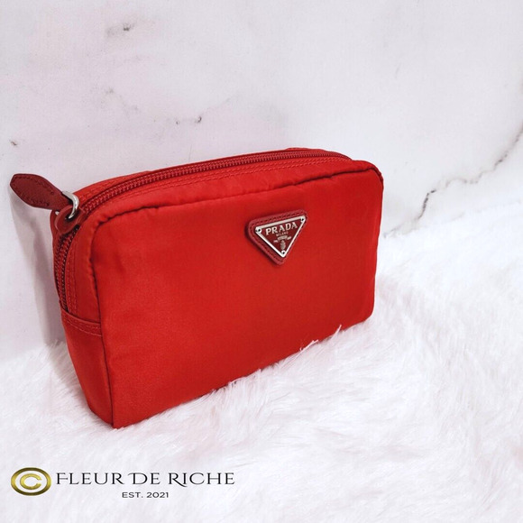 Prada Necessaire Nylon Vela Tessuto Cosmetic Pouch Red Rosso 1NA021 - Picture 1 of 13